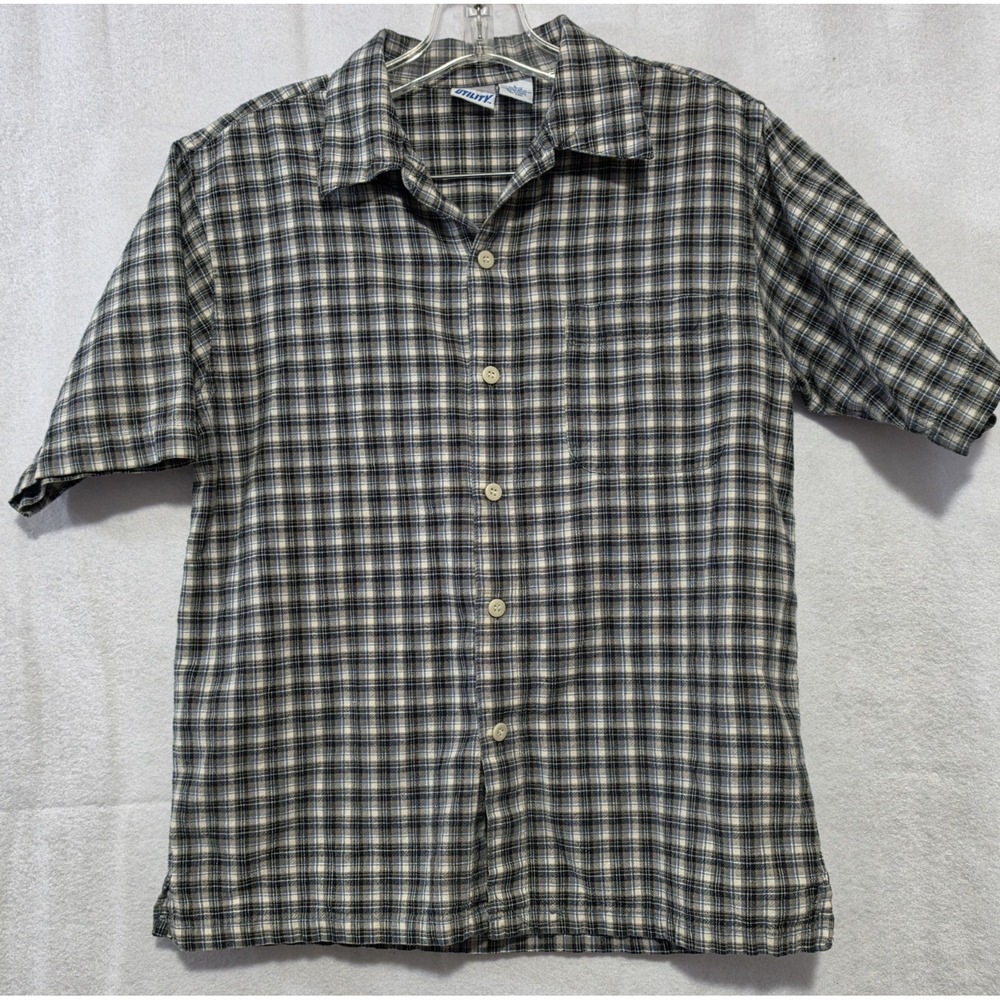 Vintage Utility Button Up Shirt Teen Size Lg 10/12 Gray Plaid 90s Y2K Skater